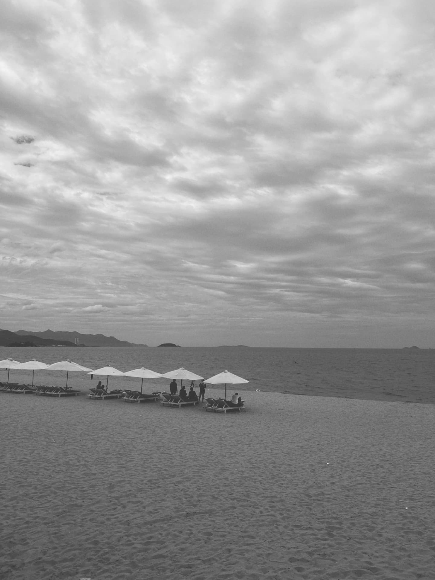 A row of beach umbrellas under a vast, cloud-swept sky