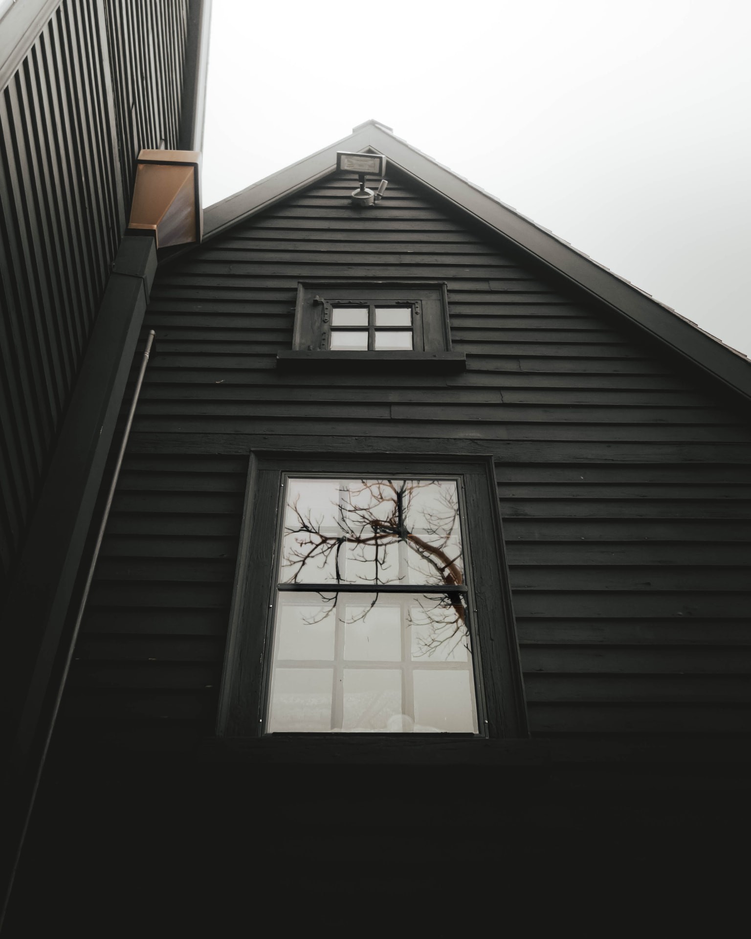 A black gable wall with bare branches reflected in its window