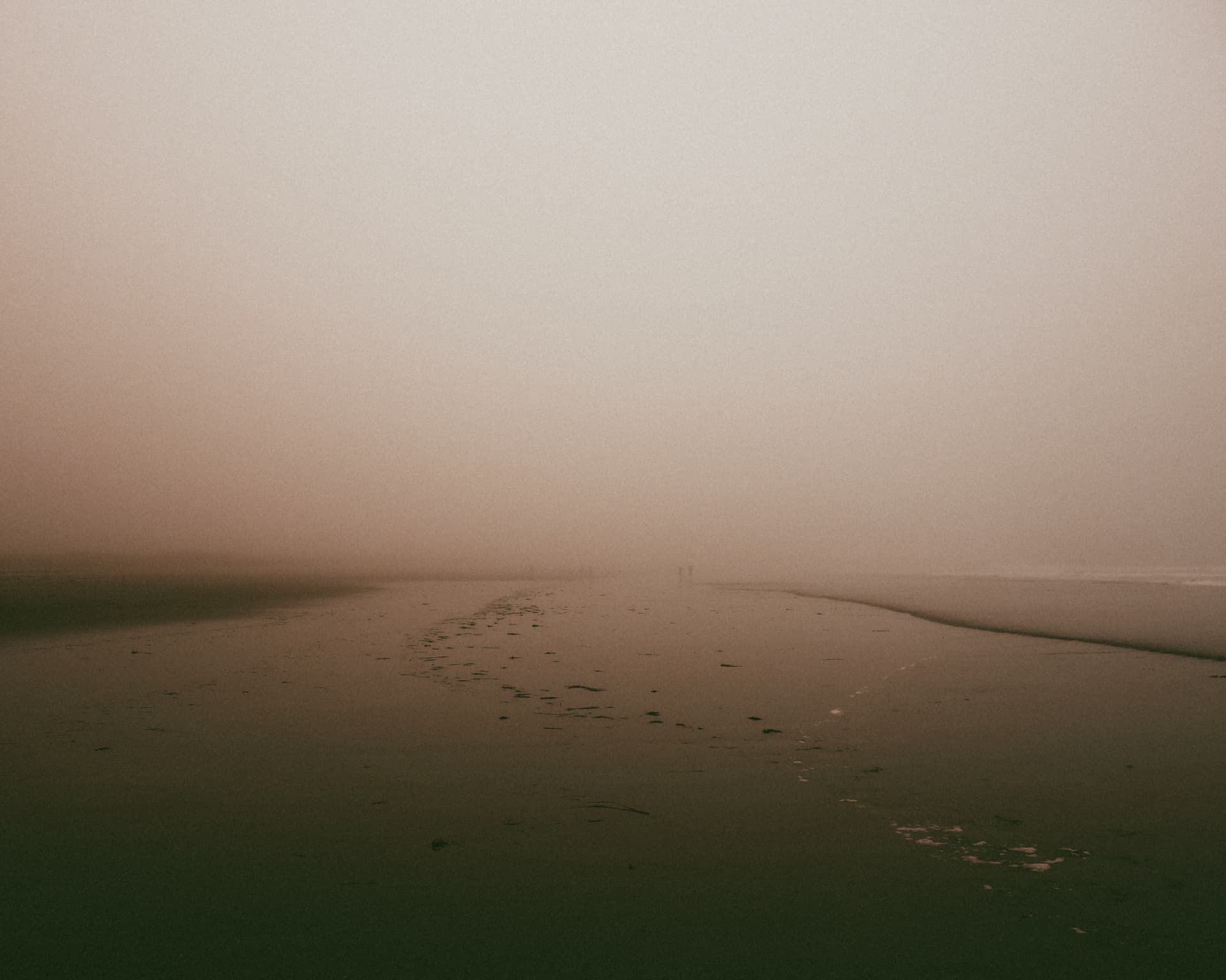 Wet sand stretching into thick mist toward faint distant figures
