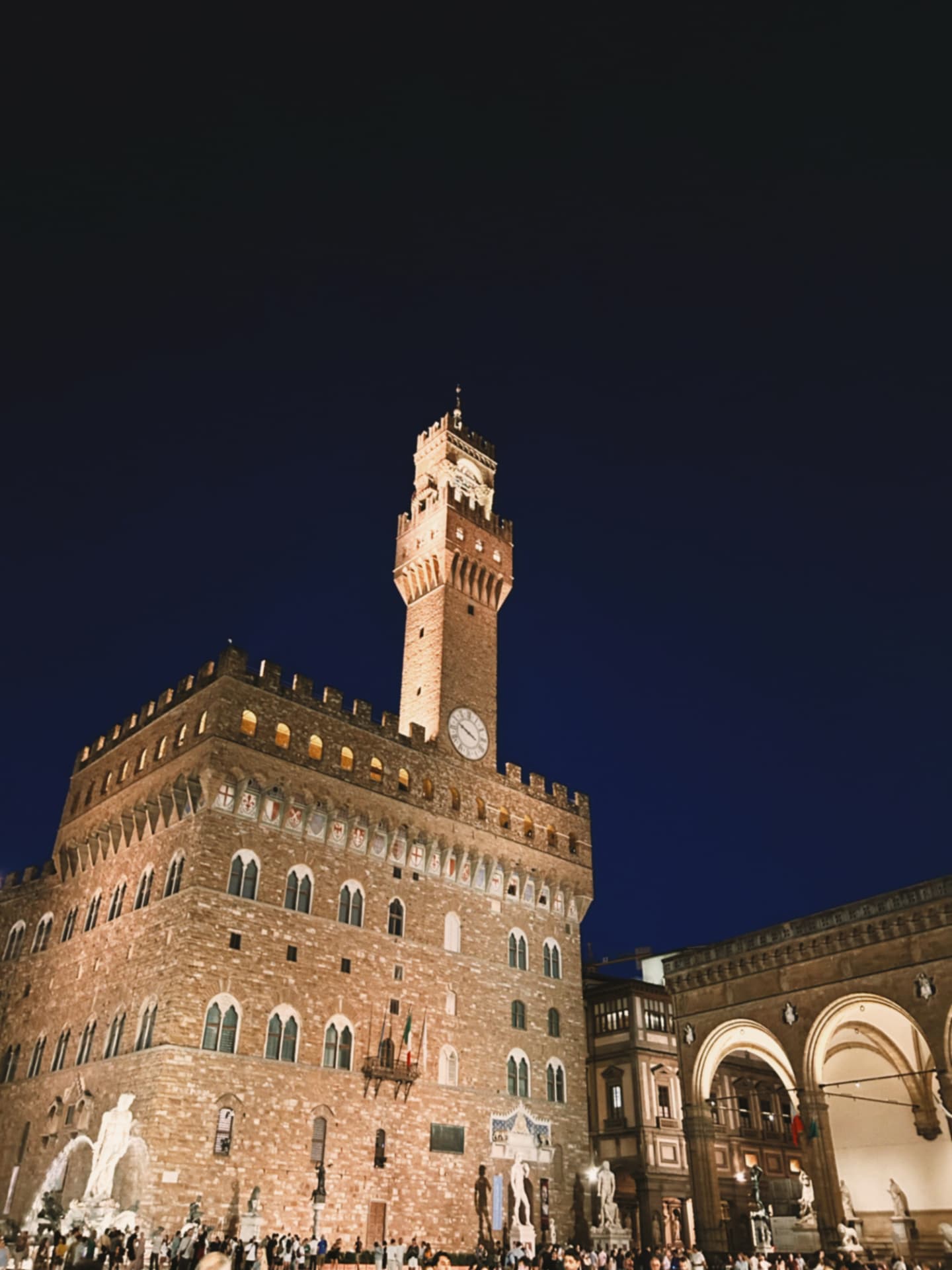 an illuminated civic tower and rooftops at night